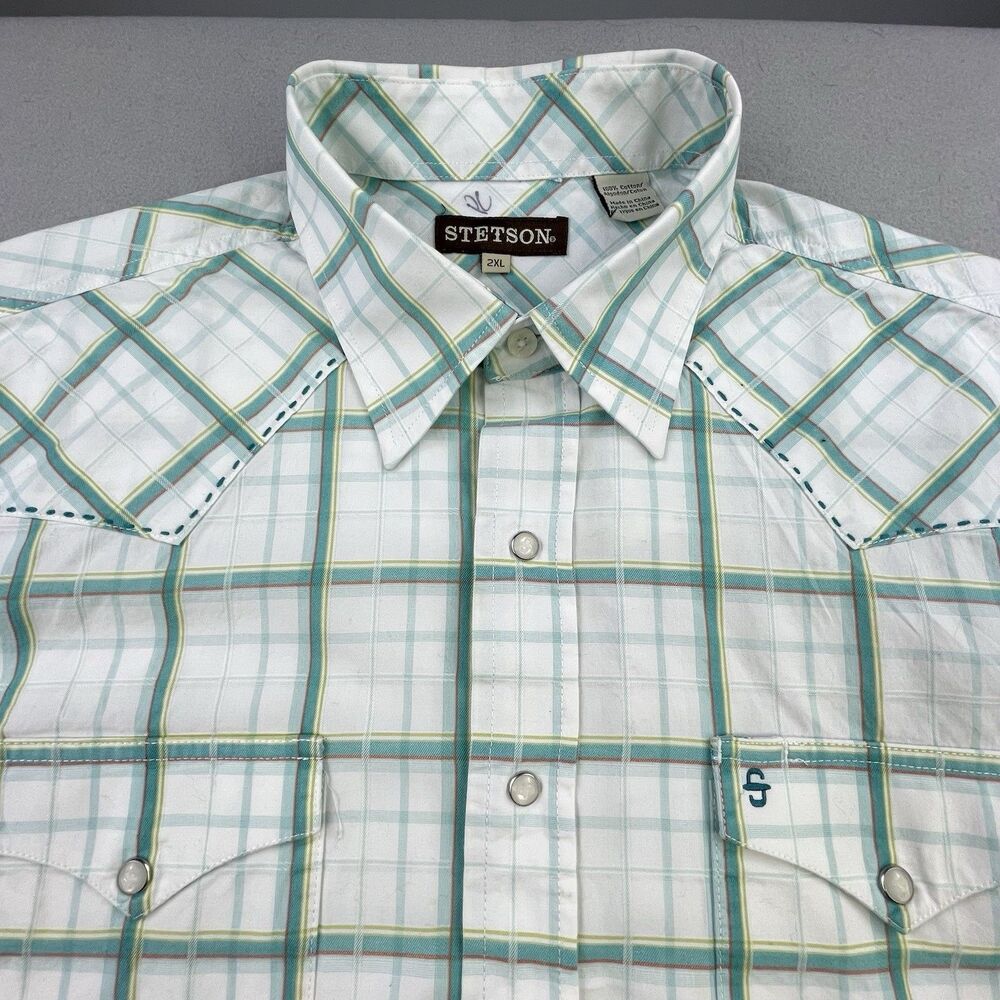 Stetson Western Shirt Mens XXL White Green Windowpane Plaid Pearl Snap Cowboy